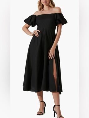 ASTR the Label Black Off the Shoulder Midi Dress A-Line Slit Puff Sleeve Sz S
